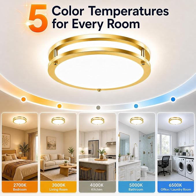 2-Pack 36W Dimmable LED Ceiling Light Fixtures, 13Inch 3600lm Super Bright Gold Flush Mount Ceiling Lights, 2700K/3000K/4000K/5000K/6500K Adjustable Modern Ceiling Lamps for Bathroom Bedroom Kitchen
