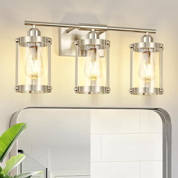 3-Light Brushed Nickel Bathroom Light Fixtures, 21 Inch Modern Bathroom Vanity Lighting Fixtures Over Mirror with Clear Glass and Metal Cage Wall Sconce Lights for Bath, E26, OS-3014BN-3W