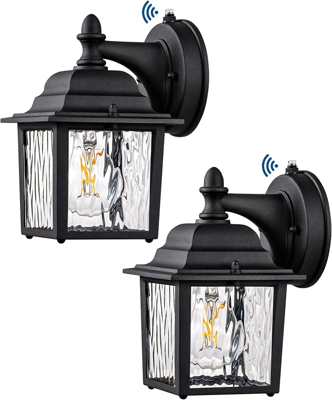 EDISHINE 2 Pack Outdoor Wall Lights, Modern Dusk to Dawn Black Porch Light | Clear Water Ripple Glass, Anti-Rust Aluminum, Standard E26 Socket, Waterproof Exterior Lighting Fixtures for Front Door