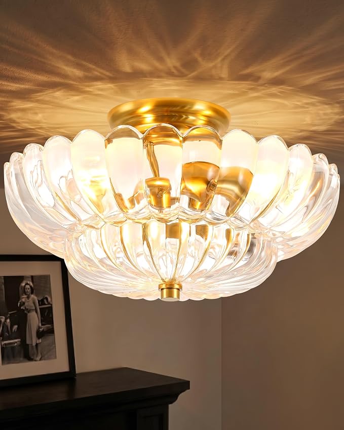 Semi Flush Mount Ceiling Light Fixture 14" Vinatge Gold Ceiling Lights Mid Century Modern Clear Glass Close to Ceiling Lighting Fixtures for Bedroom Hallway Kitchen Laundry Room Bathroom