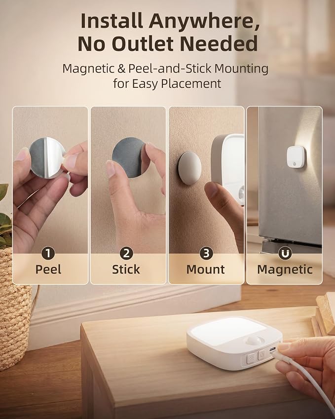 EZVALO Rechargeable Motion Sensor Night Light, Magnetic Stick-On LED Light with 3 Color Temperatures, Dimming & Memory, Portable Cordless Light for Closet, Bedroom, Hallway, Stairs, Bathroom (1 Pack)