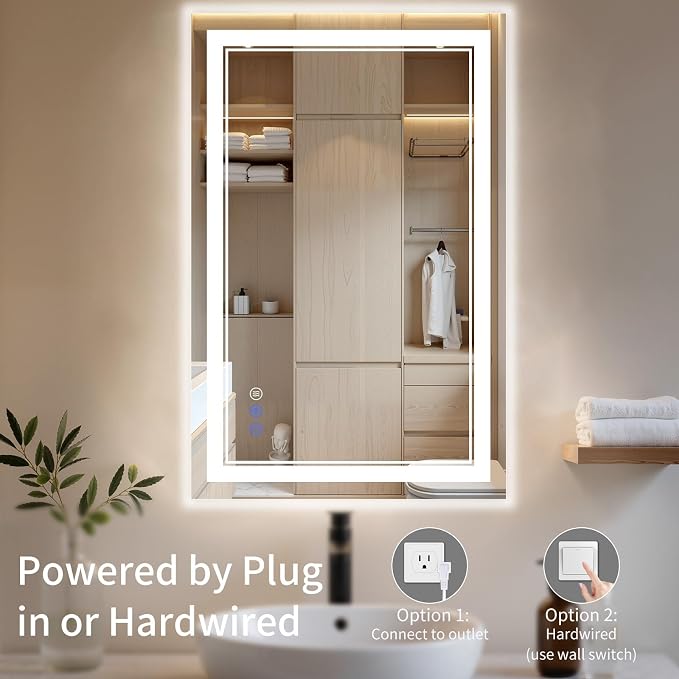 32"x40" LED Bathroom Mirror with Lights, Anti-Fog, Backlit + Front Lit, Dimmable, Led Vanity Mirror for Wall, Lighted Bathroom Mirror, 3 Colors, Shatter-Proof Tempered Glass