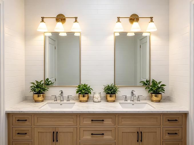 Vintage Industrial 3-Light Bathroom Vanity Light with Milk Glass lampshade – Antique Brass Wall Sconce for Over Mirror, E26 Socket, Dimmable Compatible, Hardwired Installation