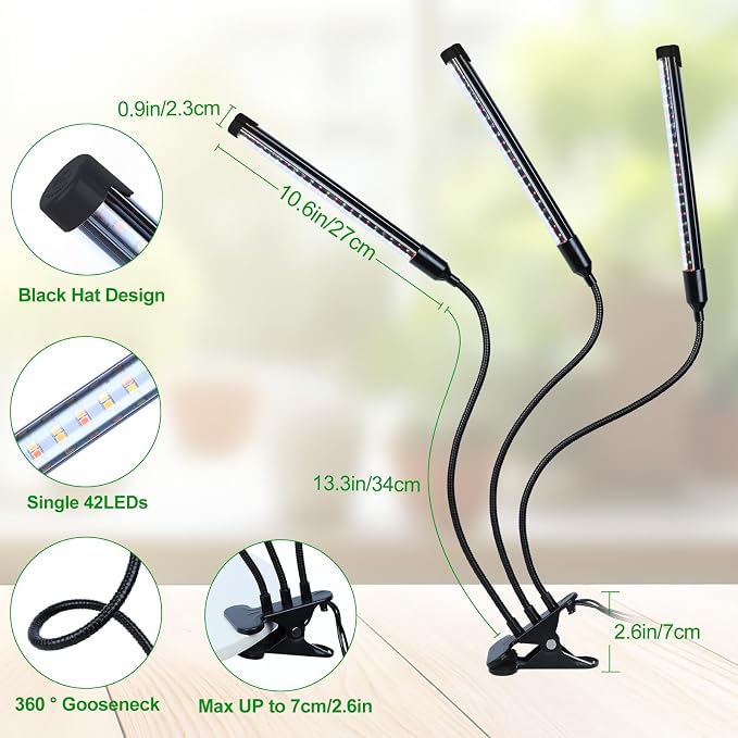3Head Clip Grow Lights for Indoor Plant, Seed Starting, Bonsai, Full Spectrum Plant Grow Lamp, 4/8/12/16/20H Timer, 27 Watt Power Draw, NO Need Adapter, 360° Gooseneck