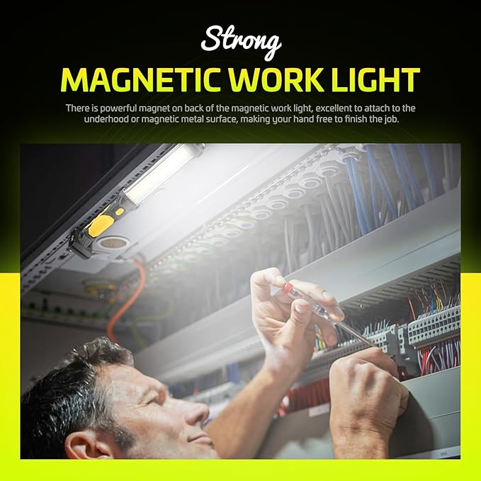 WARSUN 2PC Rechargeable 1500LM COB LED Work Light-Magnetic Hands-Free Trouble Light with Hook, IPX4 Waterproof for Garage Repair, Mens Fathers Gifts-Emergency Light Tool for Men (Yellow)