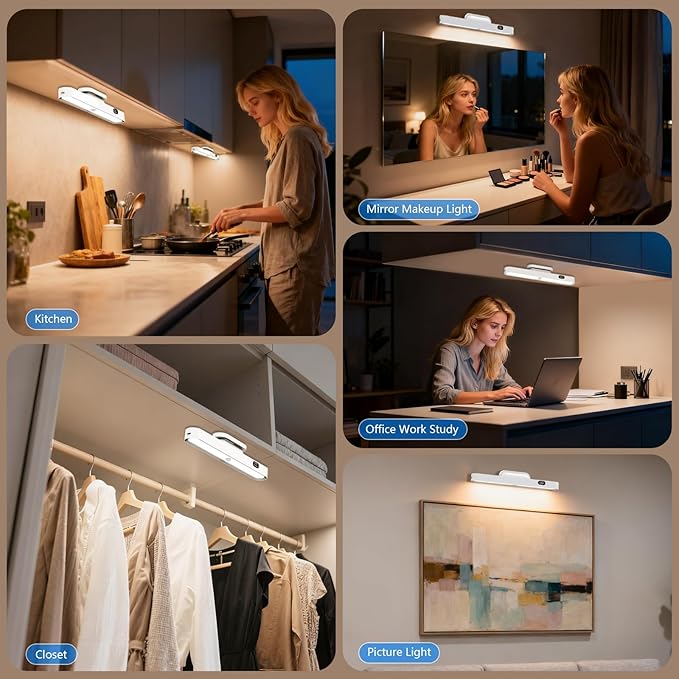 Motion Sensor Light Indoor with Battery Display,3000mAh Rechargeable Under Cabinet Lighting Magnetic Light Bar 300LM Battery Operated Closet Light Makeup Lights Stick On