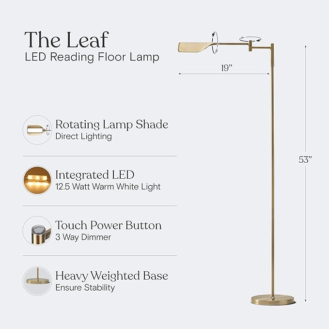 Brightech Leaf Pharmacy LED Reading Lamp, Dimmable Floor Lamp with Easy Rotation over Chair or Desk for Living Rooms & Offices, Adjustable Standing Tall Lamp, For Sewing & Crafts, Antique Brass (Gold)