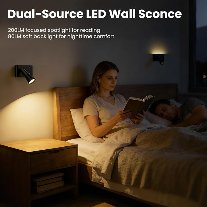 Wall Sconce Battery Operated Reading Lights, 10000mAh Rechargeable Wireless LED Wall Lights, 3 Color Temperatures Dimmable Bedside Lamps for Bedroom Living Room, 1 Pack