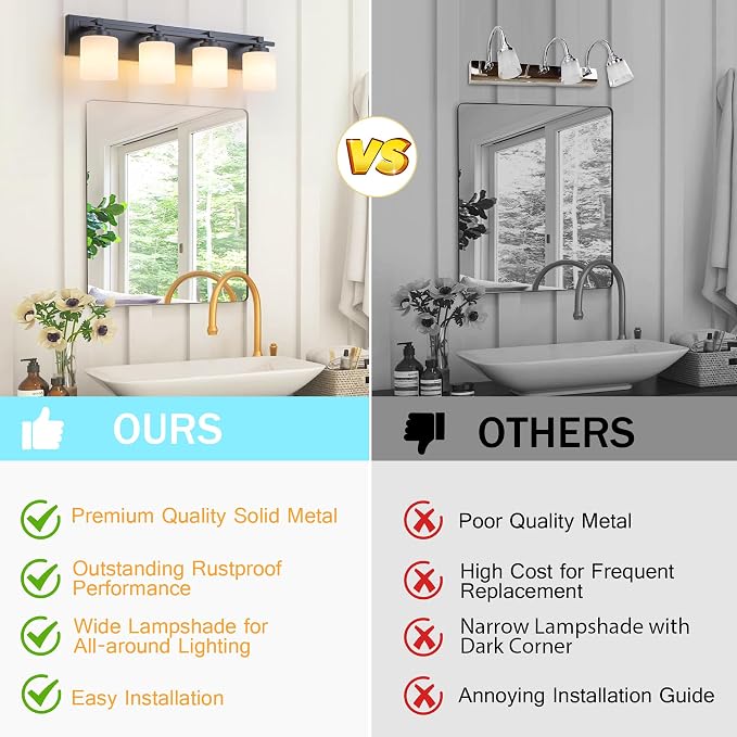 Modern Bathroom Light Fixtures Over Mirror, Vanity Lights for Bathroom Wall Sconces with Milky White Glass Shades, E26 Socket (Bulbs Not Included), 4 Light, Black