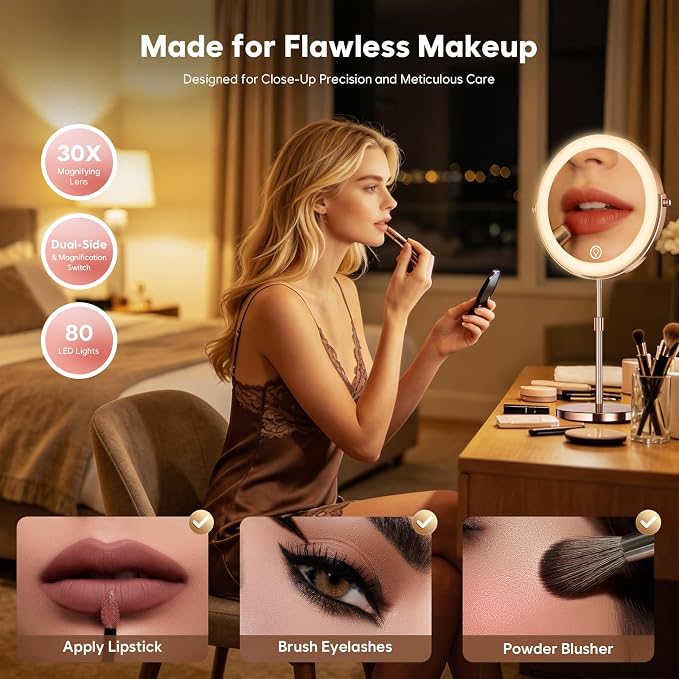 30X Makeup Mirror with Lights, Brightness Adjustable with 3 Colors, Double Sided Magnifying Mirror with 360° Rotation, Lighted Makeup Mirror with Magnification, Ideal Gift for Her - Rose Gold