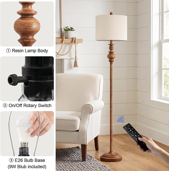 BOBOMOMO 64.25" Farmhouse Floor Lamp with Remote, Dimmable Floor Lamp with Adjustable Color Temperatures, Tall Rustic Standing Lamp for Living Room Corner, Bedroom & Nursery, 9W Bulb Included,Brown