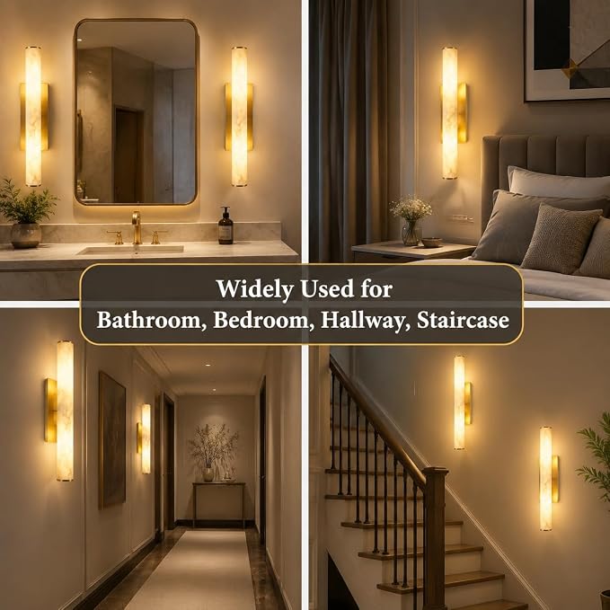 Alabaster Wall Sconces Set of 2, 24 in 3-Color Changing Spanish Natural Marble Wall Sconce, Hardwired Brass Gold LED Wall Fixture for Bathroom, Bedroom, Living Room, Hallway, Staircase