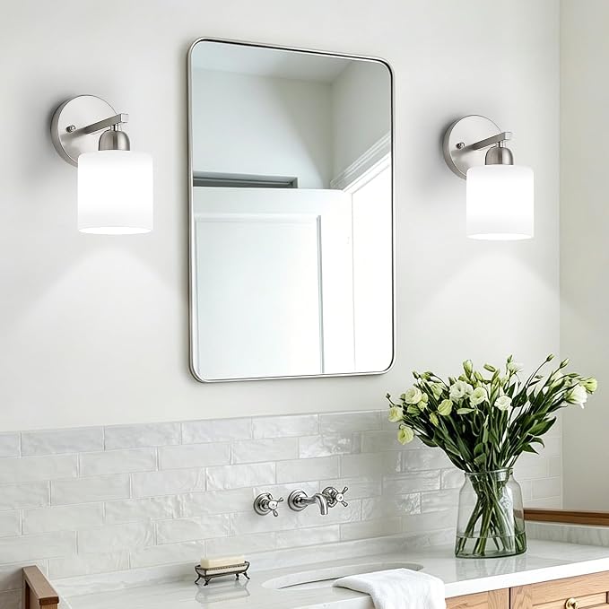 Brushed Nickel Bathroom Light, Anti-Rust Finish 2PCS Light Bathroom Vanity Light Brushed Nickel, Milky White Frosted Glass Shades, E26 Socket