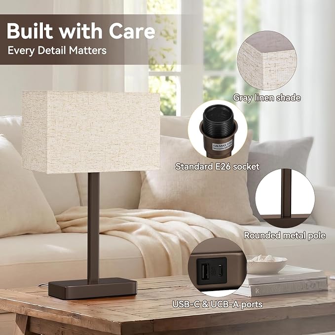 Hong-in Touch Lamps for Bedroom - 3-Way Dimmable Bedside Lamps Set of 2 with USB C+A, White Modern Table Lamp for Night Stands, Desk Lamp for Living Room Nightstand End Tables Bed Side