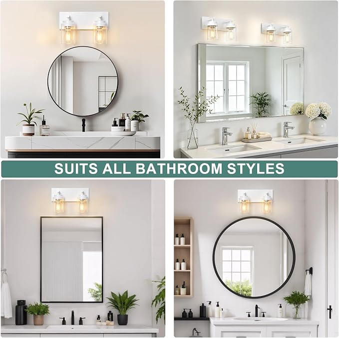 IZORRO Bathroom Vanity Light Fixture, 2-Light 15 Inch White Bathroom Light Fixtures Over Mirror, with Clear Glass Shade, Modern Farmhouse Vanity Lights, Rustic Restroom Lighting Fixtures