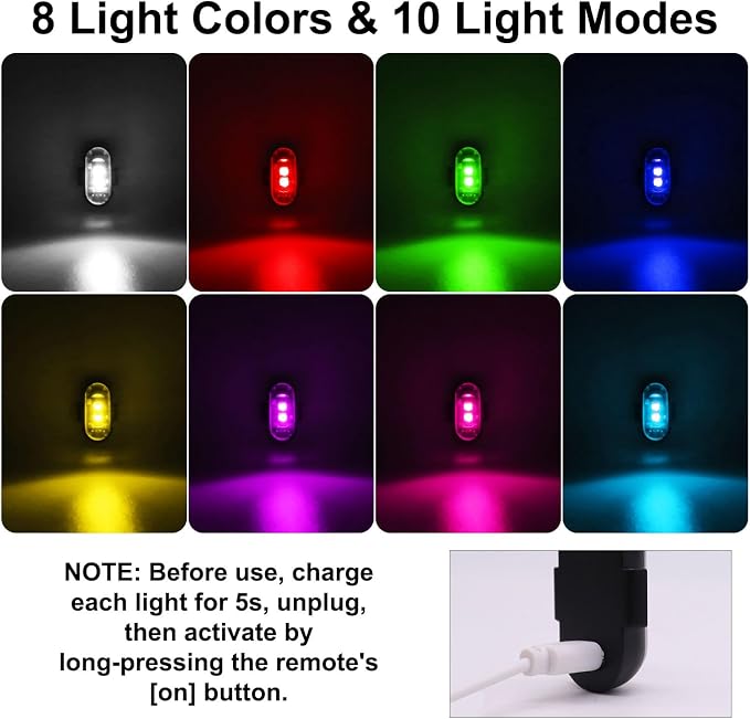 4PCS Wireless LED Strobe Lights with Remote Control, 8 Colors USB Charging Waterproof Anti-Collision Led Emergency Warning Lights for Car Motorcycle Drone Aircraft Bike