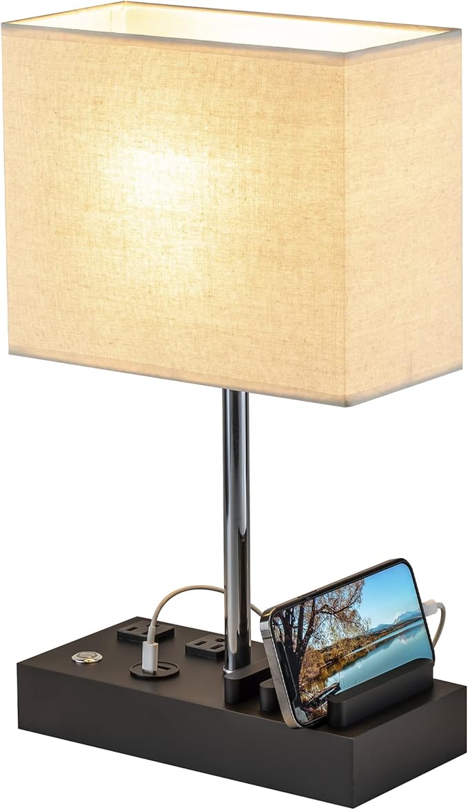 Briever Upgraded 3 USB Table Lamp with 2 USB A & C Charging Ports, Bedside Desk Lamp with 2 AC Outlets and Wooden Phone Stand Organizer, Nightstand Lamp for Bedroom, Living Room, Office, Silver Base