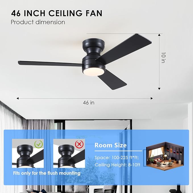 46"Black Modern Low Profile Ceiling Fans with LED Lights and Remote Control | Reversible 6 Wind Speeds, Dimmable 3 CCT LED Light, 25W Quiet DC Motor,2H Timer,3 Double-Sided Blades,for Bedroom Kitchen