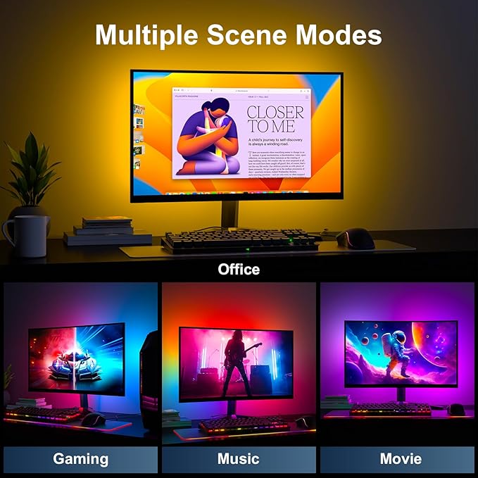 Monitor LED Backlights, 4-Side 24-32inch LED Strip Light Sync with Screen Color/Music, Computer Light Bar Behind Screen, for PC/Mac, LEDs for Desk Gaming, USB Interface (4-Side 24inch)