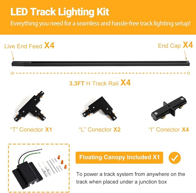 13FT H Track Lighting Rails Kit, Black | H Type Track Rails with Floating Canopy Connector, End Caps, Live End Feed and T L Connector