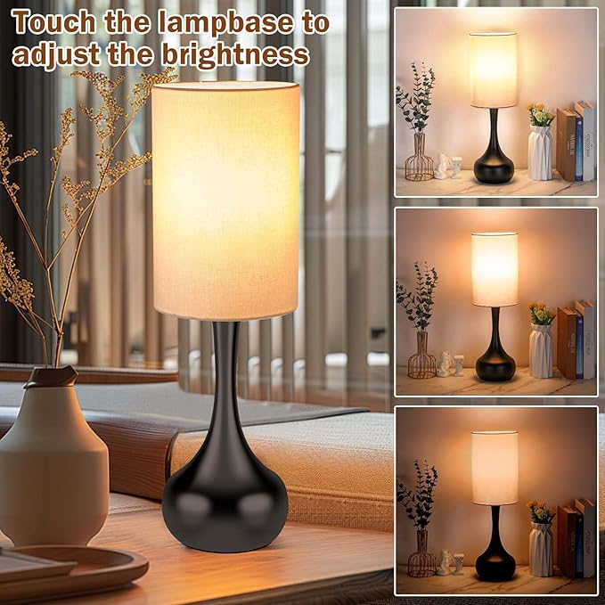 Mid Century Modern Droplet Table Lamp with Cyliner Shade,Touch Control & 3-Way Dimmable, No Assembly Required, Black Vintage Farmhouse Bedside Lamp for Bedroom,Nightstand,Living Room,Office