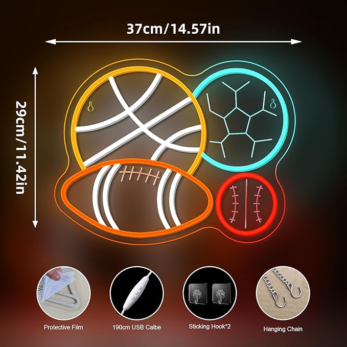 NOSUN 4 Ball Sport Combination Neon Sign for Boy's Bedroom Man Cave Football Soccer Basketball Baseball Neon Light Wall Decor Sports Themed LED Neon Signs Happy Era Home College Club Playroom Birthday Party Decor