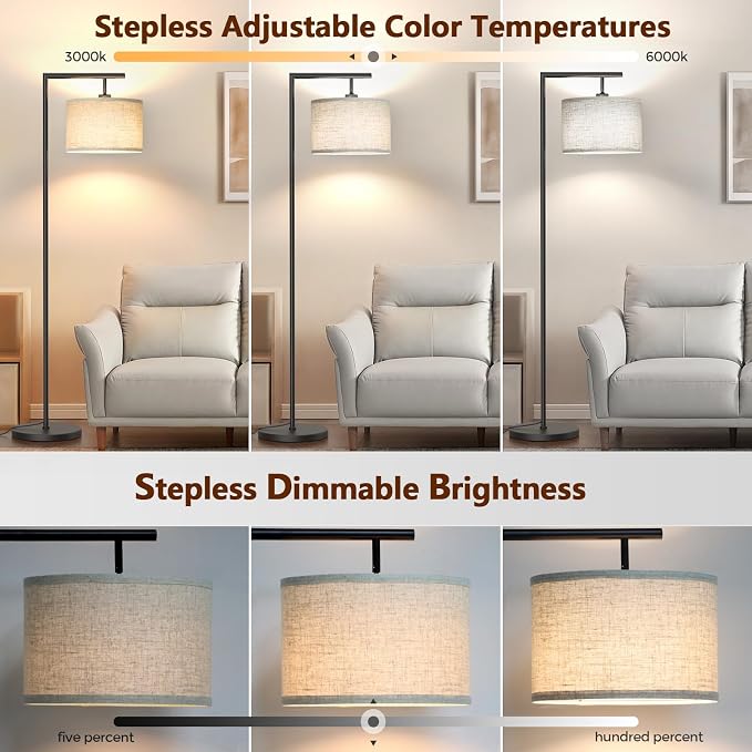 Floor Lamp with Remote Control, Stepless Dimmable Standing Lamp,Black | Colors Temperature and Brightness Adjustable, Beige Linen Lampshade, For Living Room Bedroom Office, 9W LED Bulb Included