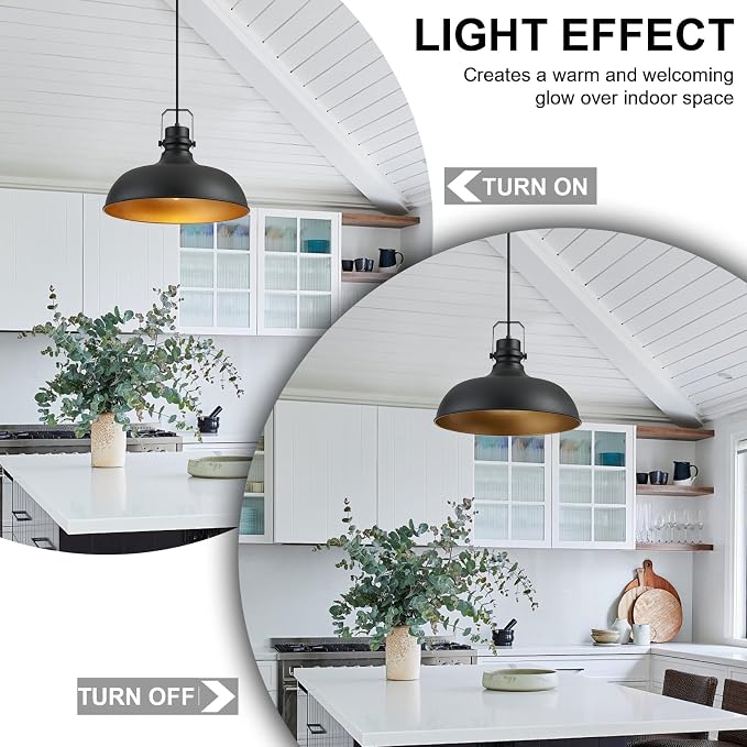 Black Farmhouse Pendant Lights for Kitchen Island 16 Inch | ETL Certificate,Industrial Adjustable Height Vintage Dome Hanging Light Fixtures for Barn,Dining Room 2 Pack