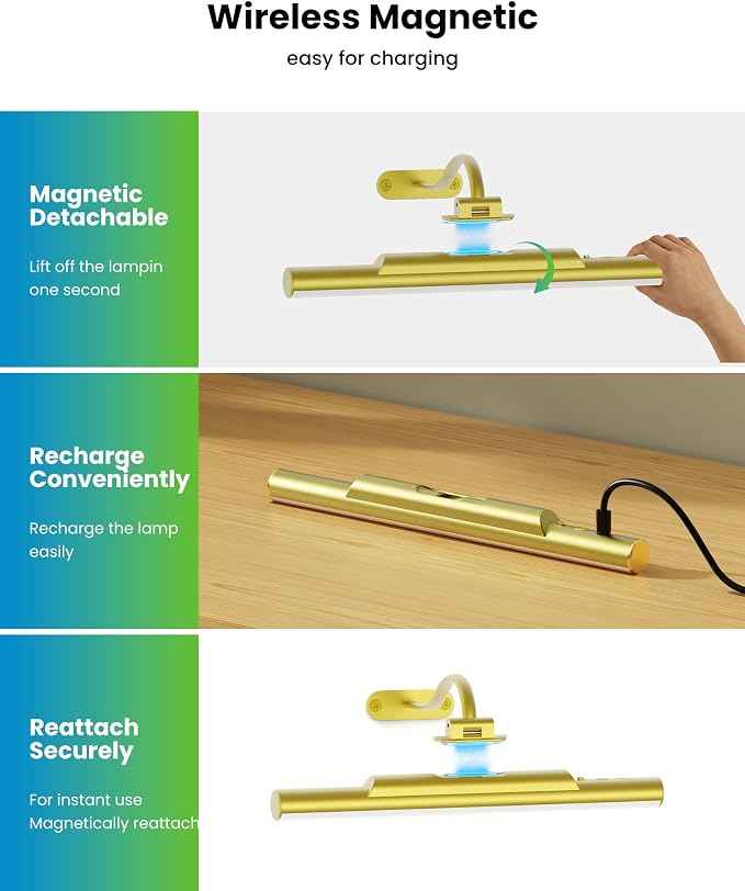 Picture Light for Wall Battery Powered Wireless 13in Gold | 4400mAh Rechargeable,CRI 95+ Dimmable,3 CCT Remote Wall Sconce, 250° Rotatable, Art Light for Paintings Photos Dartboard