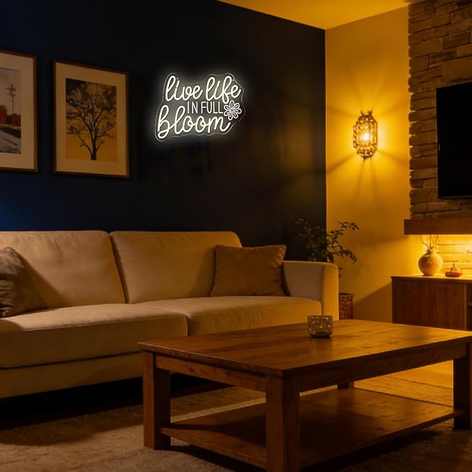 Live Life In Full Bloom Neon Signs for Wall Decor, USB Powered LED Dimmable, Motivational Neon Light, for Spa Yoga Studio Business Gathering Party Home Bar Birthday Gifts(14.1 * 10.6 In)