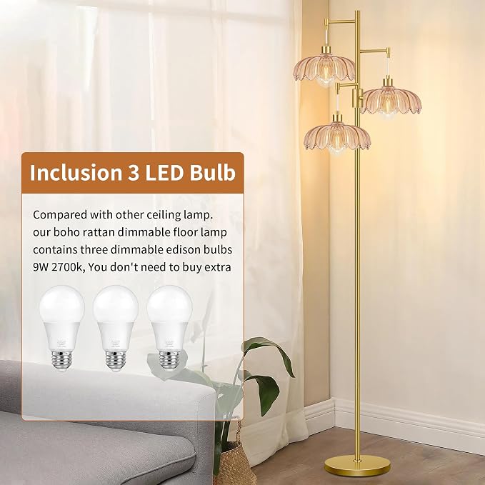 Gold Floor Lamps for Living Room Bedroom-3 Light Glass Floor Lamp with Three Led Bulb, Flower Tall Floor Lamp Dimmable Mid Century Modern Standing Lamp Vintage Tree Floor Lamps for Bedroom Corner