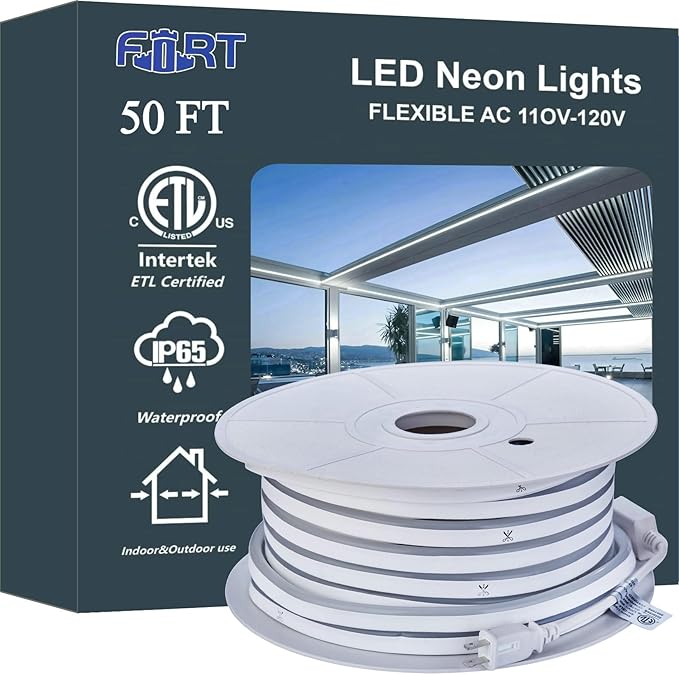 FORT LED Neon Rope Lights White 50FT Flexible AC 110V 120V LED Strip Lights Outdoor Waterproof Plug-Play Neon Strip Lighting Dot Free Cuttable Home Commercial Decor Neon Sign ETL FCC