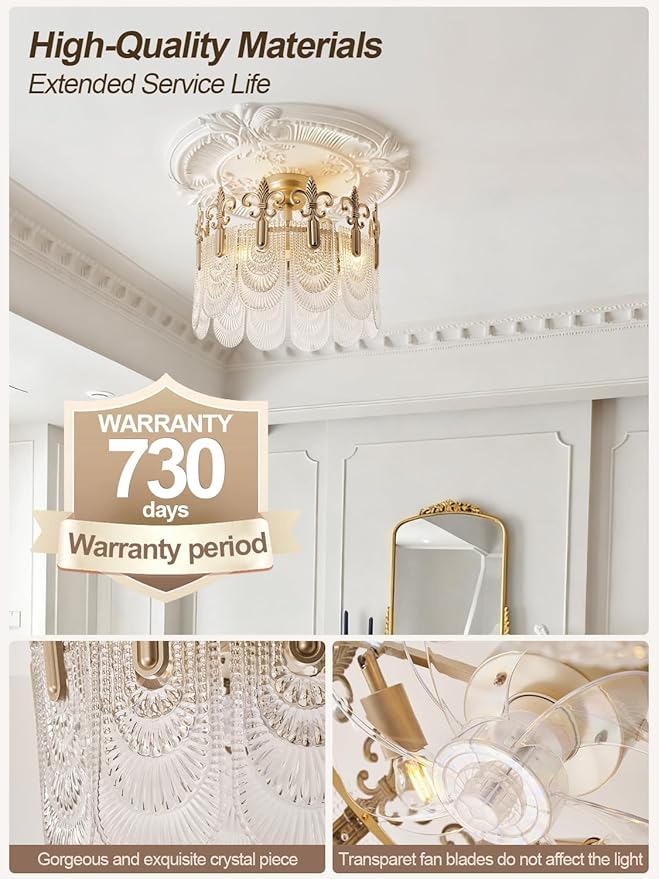 Gold Crystal Fandelier Ceiling Fan with Light,20" Gold French Chandelier Ceiling Fans with Lights Remote Control, Morden Mid-Century Caged with 6 Speeds for Bedroom, Nursery, Living Room