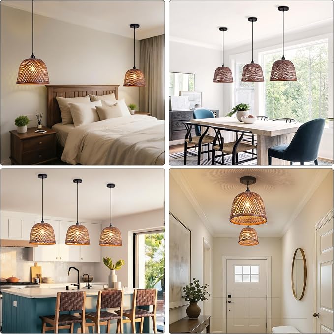 3-Pack Bamboo Pendant Light,Mini Brown Rattan Chandelier | Boho Curry Bamboo Rattan Pendant Lights,Hand Woven Rattan Chandelier for Kitchen Island Dining Bedroom Living Room