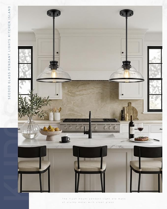 kudos 2-Pack 11" Black Seeded Glass Pendant Lights, KDPL14-BK-2PK | E26 Bulb Base, Hardwired, Farmhouse Styling, Adjustable Hanging Rods for Flat or Sloped Ceilings, for Kitchen Bars