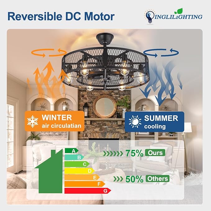 DLLT Caged Ceiling Fan with Lights: 26" Bladeless Fandelier Ceiling Fans with Light and Remote - Black Industrial Chandelier Enclosed Fan Light for Bedroon Living Dining Room Kitchen