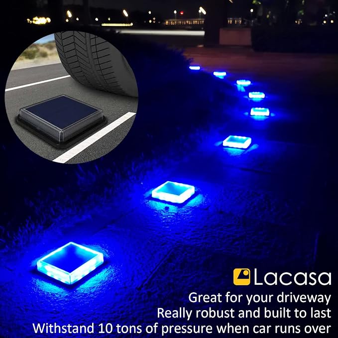 Lacasa Blue Solar Deck Lights 4 Pack, Dusk to Dawn Large Battery Step Lights, Big Solar Powered Waterproof Dock Lights, LED Solar Lights Outdoor Garden Stair Driveway Walkway Pathway Warning Lamp