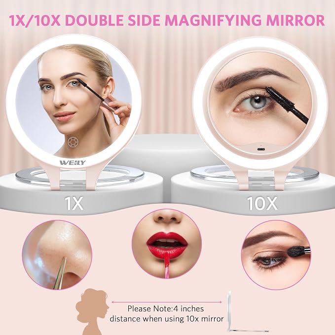 WEILY Magnifying Makeup Mirror 10X/1X, Travel Mirror with Light | Double Sided Rechargeable Mirror with 3 Color Lights for Makeup, Tweezing, Blackhead and Come Done Removal (Pink)