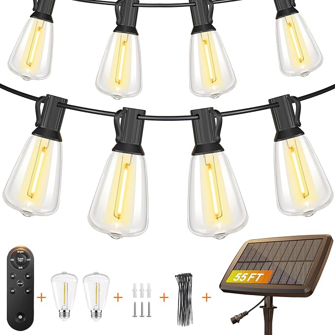 BLIATLUS 55FT Solar String Lights, Waterproof Outdoor Remote 15+2 Shatterproof ST38 LED for Patio Garden