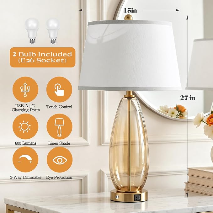 WIHTU 27" Glass Table Lamps for Living Room, Touch Dimming Lamps Set of 2 | Gradient Brown Glass Body, 3-Way Dimming, USB A+C Ports, Included 2 Bulbs,E26 Base,Modern Nightstand Lamp for Bedroom, Office
