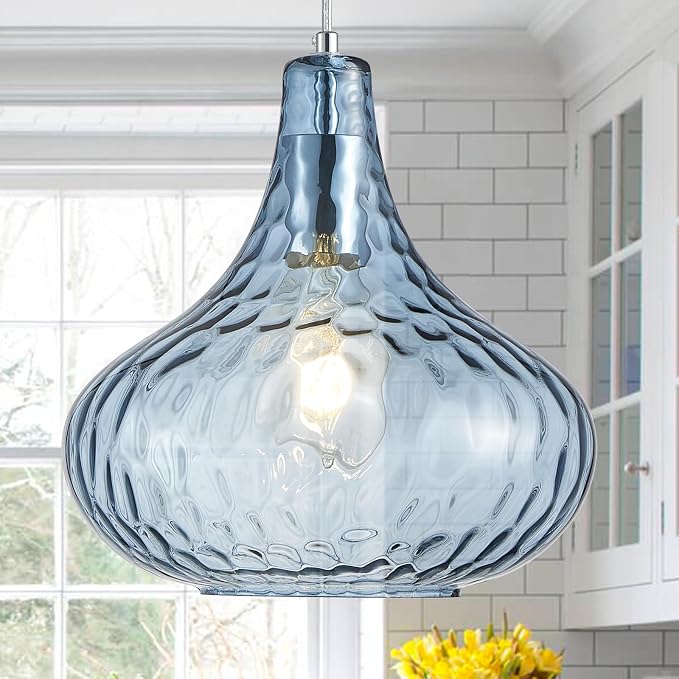 11 Inch Blue Hammered Glass Pendant Light Brushed Nickel Ceiling Lamp | Adjustable hanging cord, warm soft diffused light, decor for dining space, kitchen island, hallway and living room