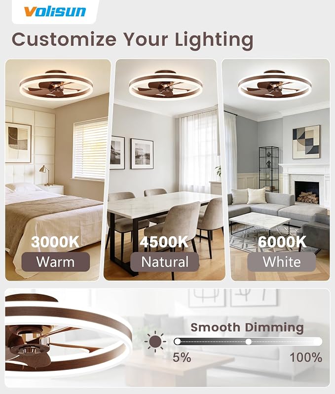 VOLISUN Low Profile Ceiling Fans with Lights and Remote, 20in Flush Mount Ceiling Fans with Light, 3000K-6500K Dimmable Fandelier LED Fan Light, Farmhouse Ceiling Fans with Lights for Bedroom