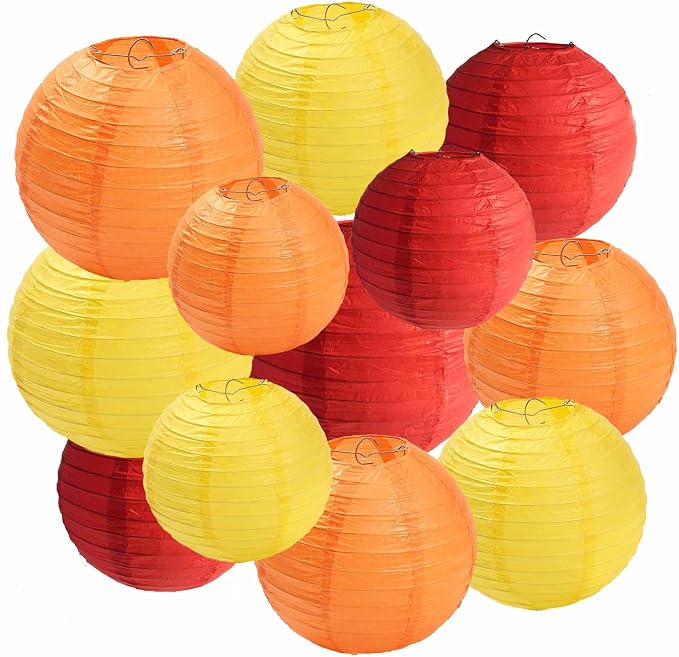 Red Orange and Yellow Paper Lanterns 12 Pack, Hanging Round Paper Lanterns Decorative for Thanksgiving Graduation Baby Shower Wedding Birthday Family Party Decoration