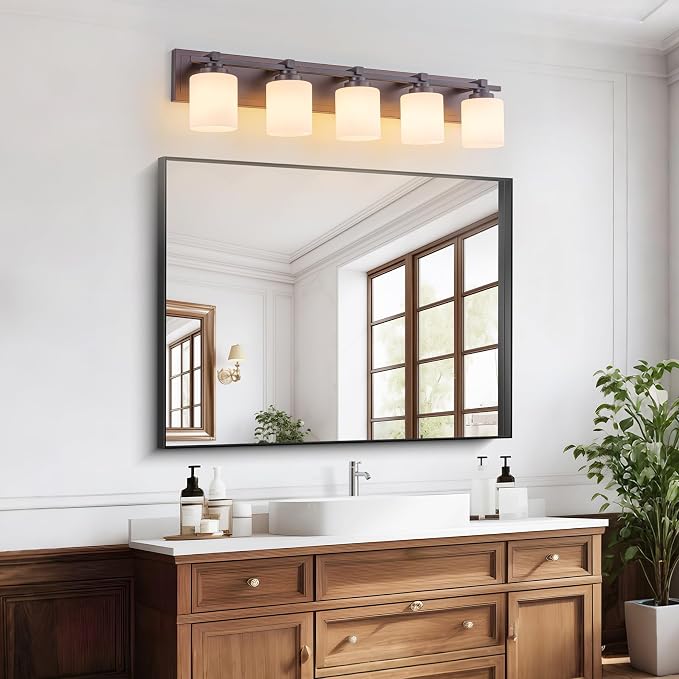 Modern Bathroom Light Fixtures Over Mirror, Vanity Lights for Bathroom Wall Sconces with Milky White Glass Shades, E26 Socket (Bulbs Not Included), 5 Light, Oil Rubbed Bronze
