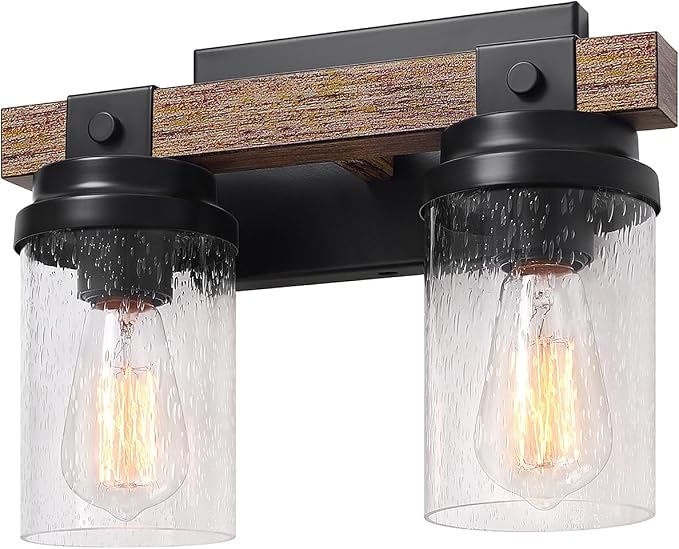 2 Light Farmhouse Vanity Lights Rustic Bathroom Light Fixtures Over Mirror | Faux Wood Wall Mount Light with Clear Seeded Glass Shade, Industrial Black Metal Wall Sconces for Bathroom Living Room
