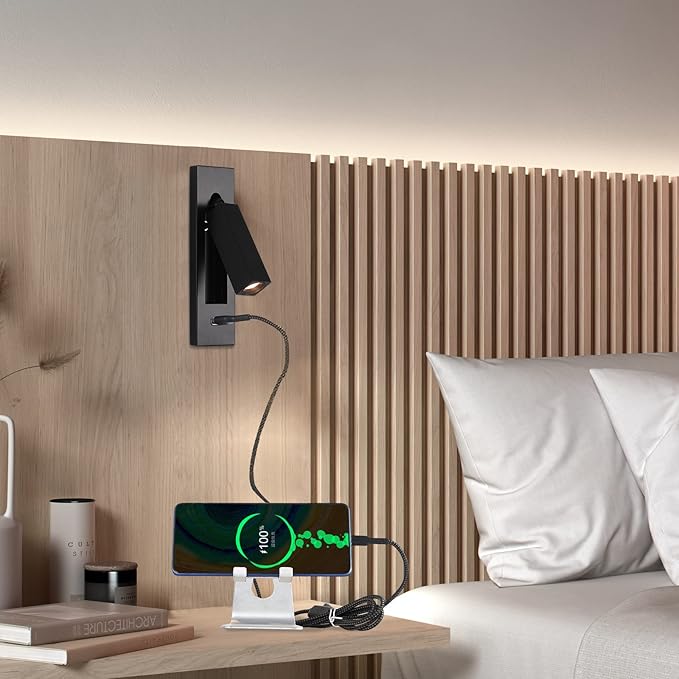 Wall Mounted Reading Light with USB, LED Bedside Reading Light with Switch, Adjustable Recessed Headboard Reading Lights Wall Sconce for Reading, Hardwired Reading Spotlight for Bedroom (Black)