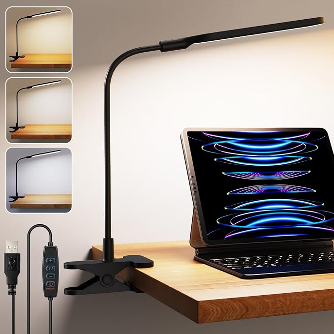 LED Clip on Light, 3 Color Modes & 10 Brightness Levels, 360° Flexible Gooseneck Clamp Lamp, Ultra Wide Brightness Range, USB Eye-Caring Table Light for Home Office/Reading/Painting, Black