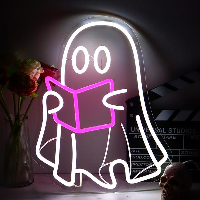 Ghost Reading Book Neon Sign | LED Neon Light, Hanging Design, For Bedroom Home Library Reading Room, Kids Room Store Decor