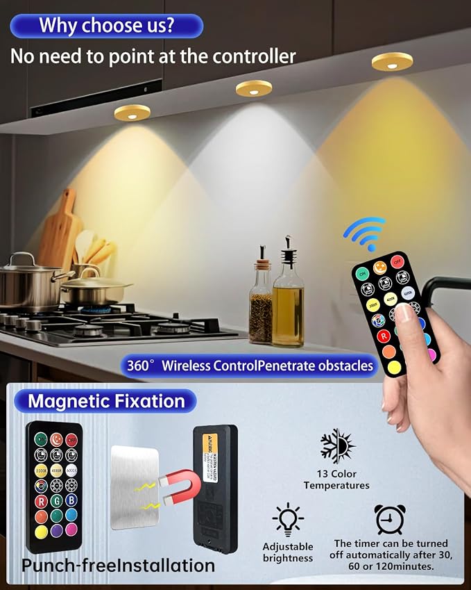 LED Puck Lights with Remote, 2000mAH Battery Operated, Rechargeable Shelf Light, Wireless,Color Changing Magnetic Light, Display Curio Cabinet,Bookcase,Under Cabinet Lighting (Gold, 3PACK)