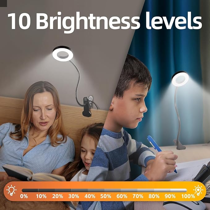 Foneso Desk Lamp Clip on Light, 48 LEDs USB Lamp with 3 Color Modes 10 Brightness Levels, 360° Flexible Gooseneck Eye Protection Bed Night Light for Reading, Makeup, Office, Pack of 2